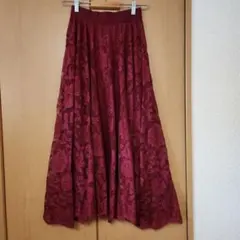 axes femme ボルドー 花柄レース ロングフレアスカート F