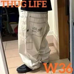 希少 激レア THUG LIFE W36バギーパンツ白デニムペインターパンツ刺繍