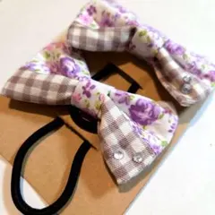 ハンドメイド 花柄チェックリボンヘアゴム 2個セット
