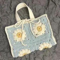 【手編み】お花のレビューブックカバー 水色
