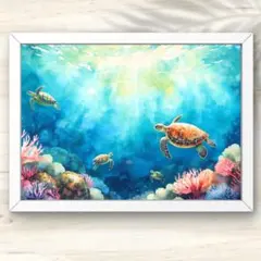 カラフルなウミガメの原画 キャンバスパネル 絵画 現代アート ハワイ