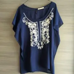 Bou Jeloudブージュルード 刺繍 シフォンブラウス チュニック ネイビーのサムネイル
