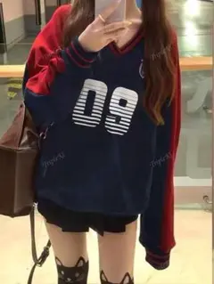 SHEIN 韓国風 レトロ ビンテージ Vネック ゆったり 長袖スウェットシャツ