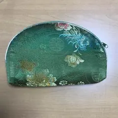 新品未使用 チャイナ柄サテン生地化粧ポーチ5点セット ③ウグイス色