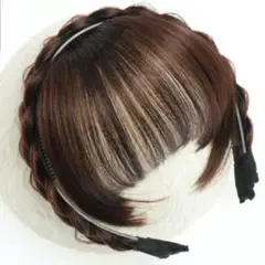 ダークブラウン サイド有り 前髪ウィッグ 編み込みスタイル カチューシャ
