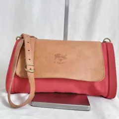 【美品】イルビゾンテ サコッシュ ロゴ刻印 キャンバスレザー レッド