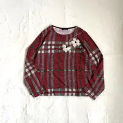 チェック柄 長袖トップス フラワーモチーフ プルオーバー レトロ グランマコア
