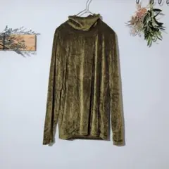 ハイネック【M】ベロア タートルネック カーキ 緑 レイヤード 重ね着 シンプル