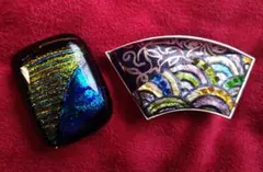 和装小物・青と金の波模様ガラス帯留め・扇型帯留め・アンティーク