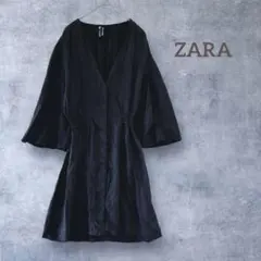 【ザラ】ワンピース 黒 薄手 七分袖 比翼ボタン Vネック シャーリング M