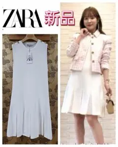 新品◆ZARA◆ ゴールドボタン ニットワンピース 白◆L ボックスプリーツ