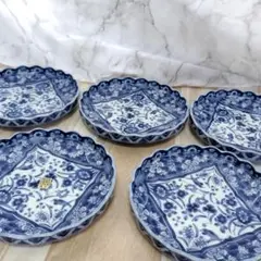 新品箱入5客 龍峰窯 間取草花 花型和皿揃 染付 花鳥図 輪花皿 古伊万里
