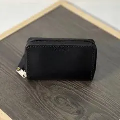 本革 ラウンドファスナー ミニ財布 コンパクト財布 小銭入れ 黒 ハンドメイド