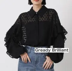 Gready Brilliant シアージャガードドットフリル袖ブラウス　黒のサムネイル