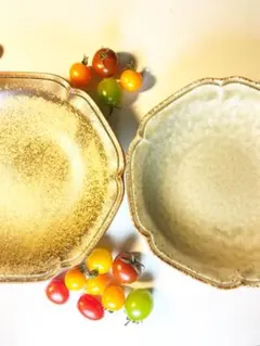 美濃焼　花柄プレートセット（金色・緑色）2カラー2枚セット　手焼き