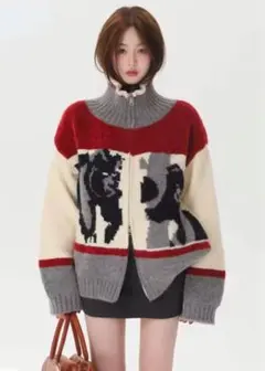 タートルネックジッパー付きニットカーディガン