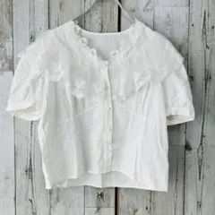 ☆グレイル☆シャツ ブラウス レースフリル襟 M 半袖 ホワイト Vネック