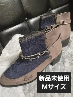 axes femme/チェーン装飾 レース ショートブーツ ブラウン ネイビーのサムネイル