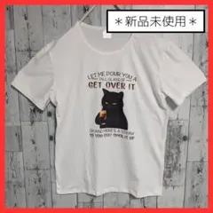 ☆猫　プリント　Tシャツ　カットソー　イラスト　XL　ホワイト　黒猫　白　ねこ