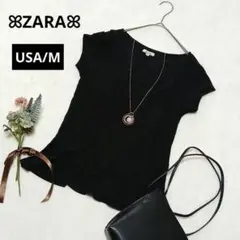 859♡ZARAザラ 裾フリル半袖カットソー【USA/M】黒 無地 Uネック