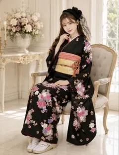 名品】高級正絹振袖フルセット黒 桜尽くし 淡藤ぼかし 地紋 高級古典 