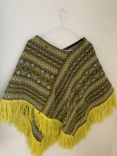 ★ イエロー×ブラック　フリンジポンチョ下北沢/古着一点モノ/フードなし