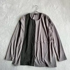 長袖トップス（F）カットソー クルーネック ストライプ 異素材 切替 ポケット