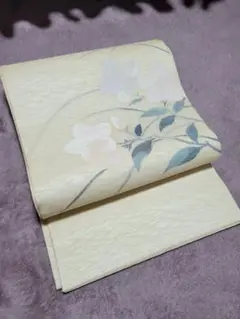 夏帯　名古屋帯 花柄 クリーム色 正絹