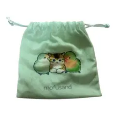 mofusand 巾着 ポーチ 小物入れ もふさんど 猫 小鳥 グリーン