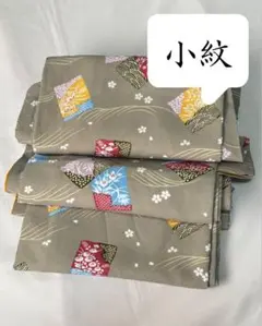 [美品] 洗える　小紋　高身長　灰色　波　花札　カジュアル　洒落着　お茶　お花
