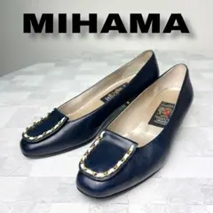 MIHAMA ミハマ ゴールドチェーン レザー ローヒール パンプス ネイビー