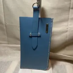 手縫いのライトブルー革製眼鏡ケース／　#KAMMAR02