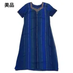 美品 エスニック刺繍ロングワンピース ブルー 半袖 ビーズ装飾 上品 Aライン
