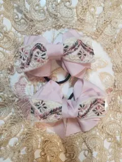 親子お揃い　姉妹お揃い　インド刺繍リボンヘアゴム　ピンク