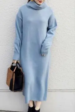 SHIPS 水色 タートルネック ニットワンピース
