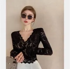 ★最終価格★ブラックレース トップス ブラウス レディース 長袖カットソーシース