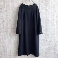 美品　東京ソワール 袖レース ワンピース 17号 ネイビー　紺　オケージョン