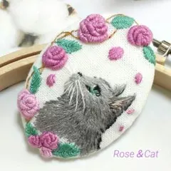 刺繍ブローチ くるみボタン刺繍 Rose＆Cat