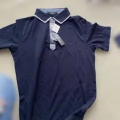 PLUS ONE ネイビー ストライプ襟 ポロシャツ M