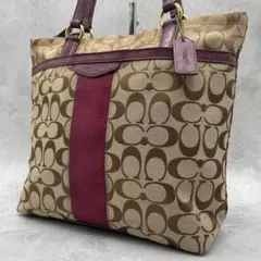 良品 COACH トートバッグ キャンバス ブラウン シグネチャー 肩掛け