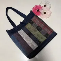 リメイクジュエ109★紺地大島パッチワーク★ハンドメイド★帯リメイクトートDカン