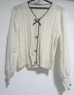 リボン付き シフォン袖 カーディガン アイボリー