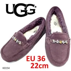 アグ　モカシン　ビジュー付き　ヌバック　パープル