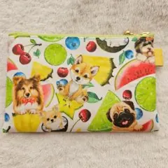 いろんなわんちゃんとトロピカルフルーツ柄・フラットポーチ16㎝