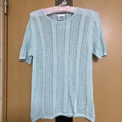 Laura Ashley 半袖 透かし編みニット ライトブルー