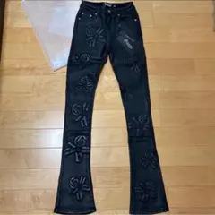 グアピGUAPI ワックス加工 サイドクラッシュスキニーフレアデニム 黒