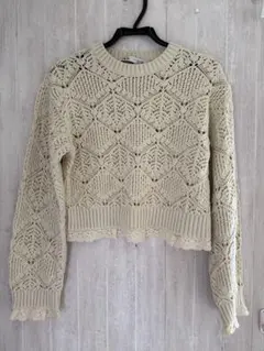 ZARA コントラストレーストリムニットセーター　アイボリー　S