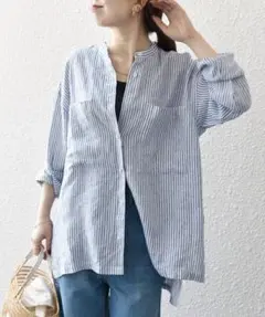 【SHIPS any】リネン スタンドカラー ポケット シャツ　ストライプ