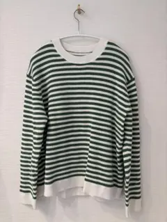 最終値下げ無印ワッフル編みクルーネックセーター 婦人XL・グリーンボーダー