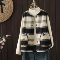 ボーダー柄 配色 レトロ 袖なし ベスト アウター ラウンドネック オシャレ